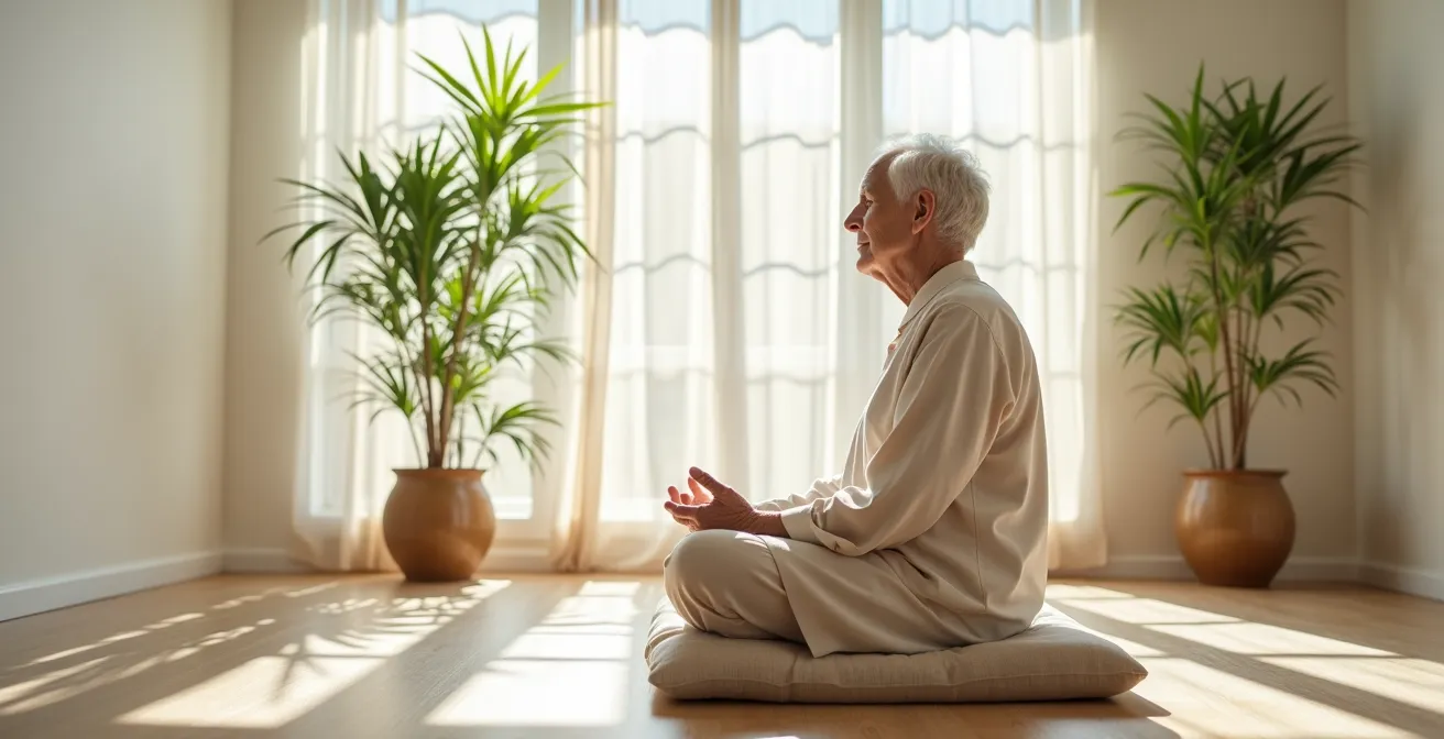 Senior en position de méditation dans un environnement minimaliste et apaisant