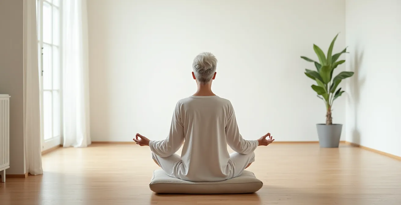Senior pratiquant la méditation dans un espace calme et lumineux