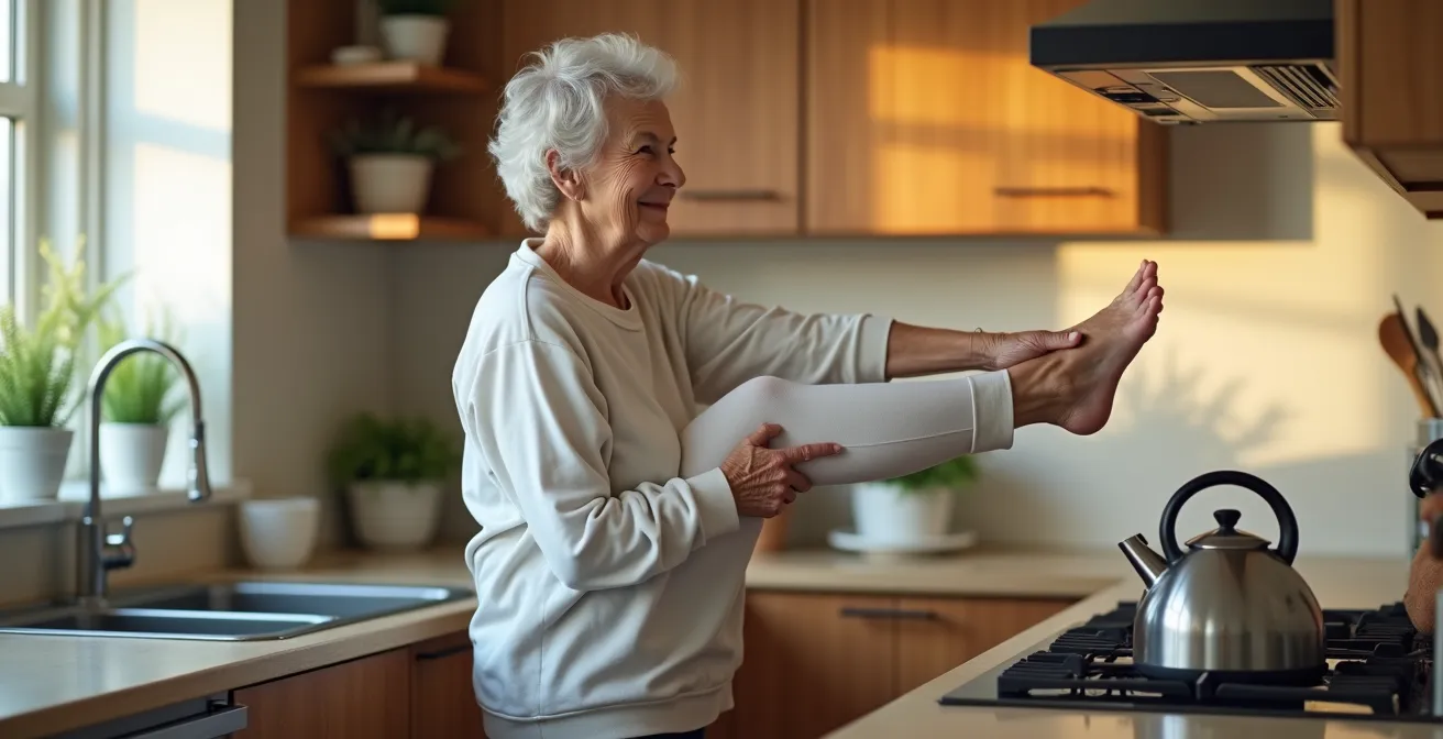 Personne âgée faisant des étirements dans sa cuisine pendant que l'eau chauffe