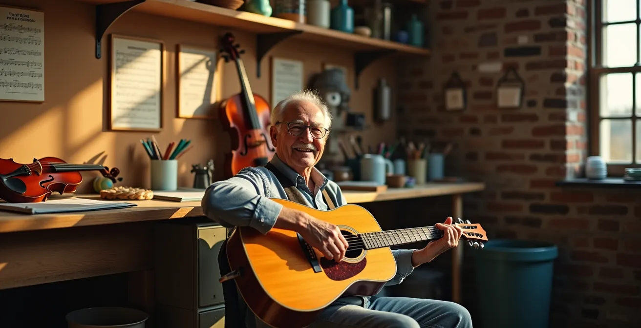 Homme senior jouant de la guitare dans un atelier lumineux entouré d'instruments