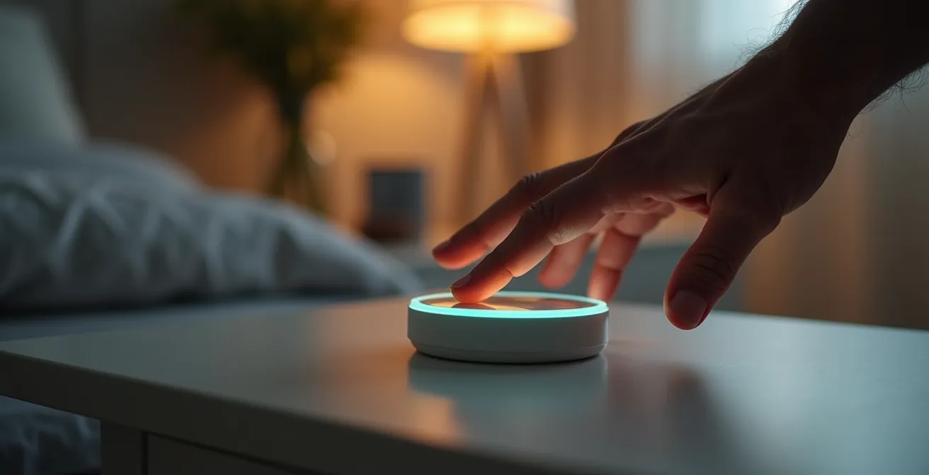 Gros plan sur une main de senior actionnant un bouton connecté lumineux sur une table de nuit