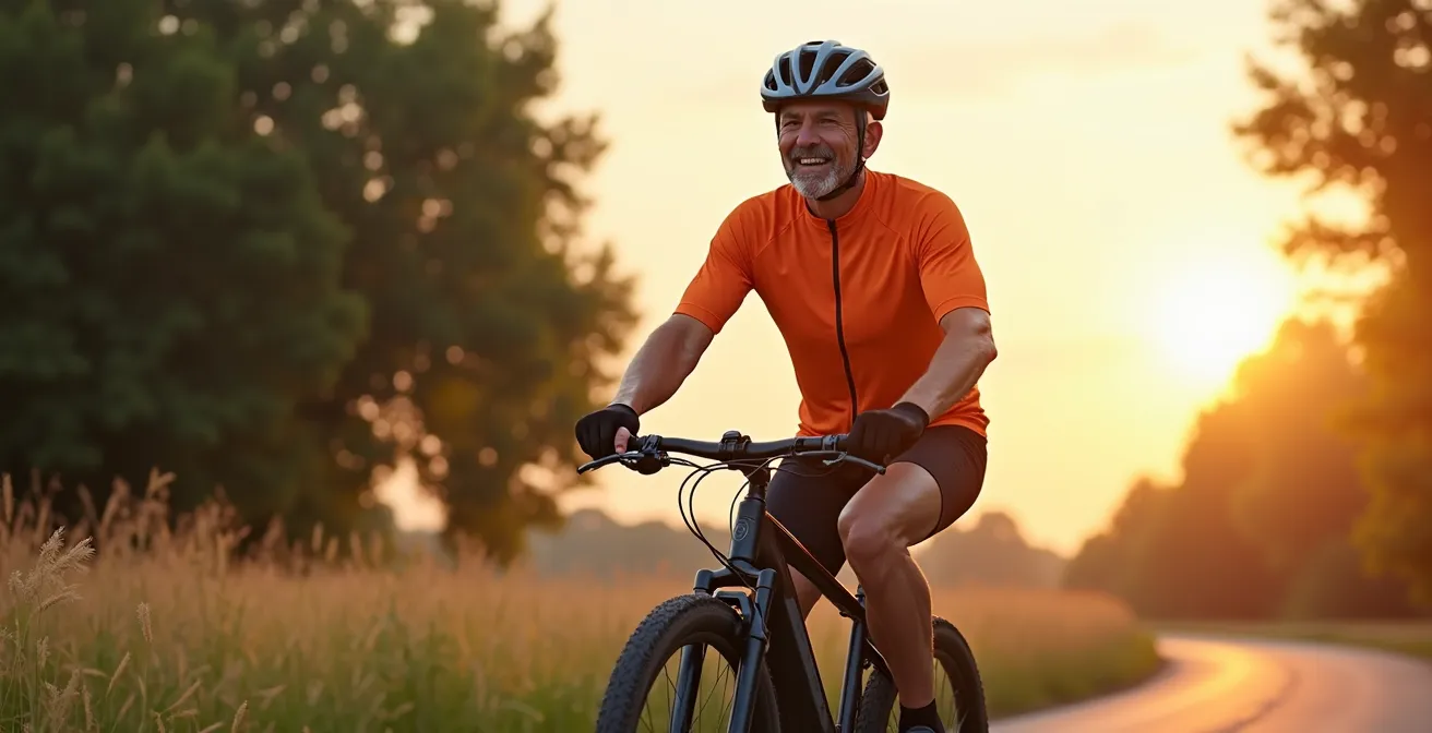 Personne de 65 ans pédalant sur un vélo électrique dans un environnement naturel