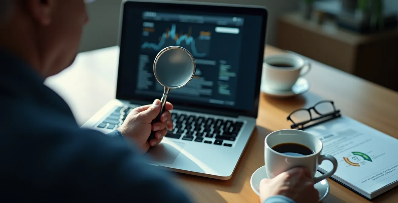 Personne âgée vérifiant attentivement la sécurité d'un site web, vue de dos avec écran flou