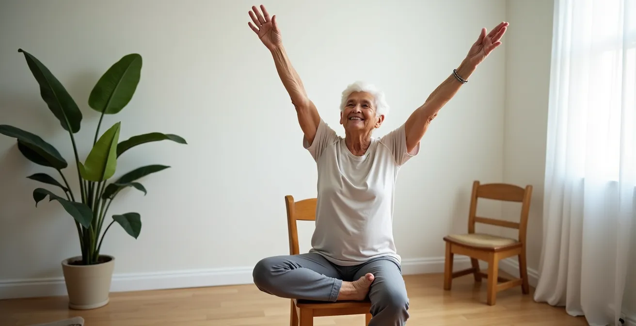 Personne âgée effectuant une salutation au soleil modifiée sur chaise dans un espace lumineux