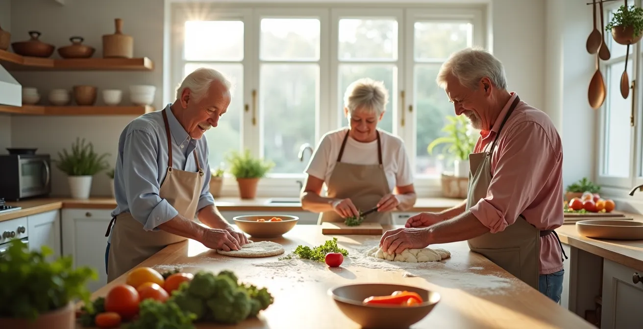 Seniors préparant ensemble des recettes traditionnelles dans une cuisine lumineuse