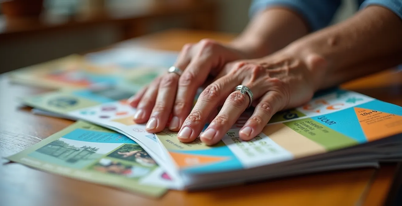 Seniors consultant ensemble des brochures d'activités dans un centre communal