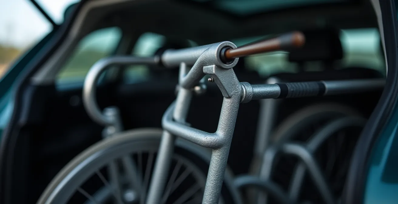Système de levage mécanique installé dans le coffre d'une voiture avec un fauteuil roulant plié