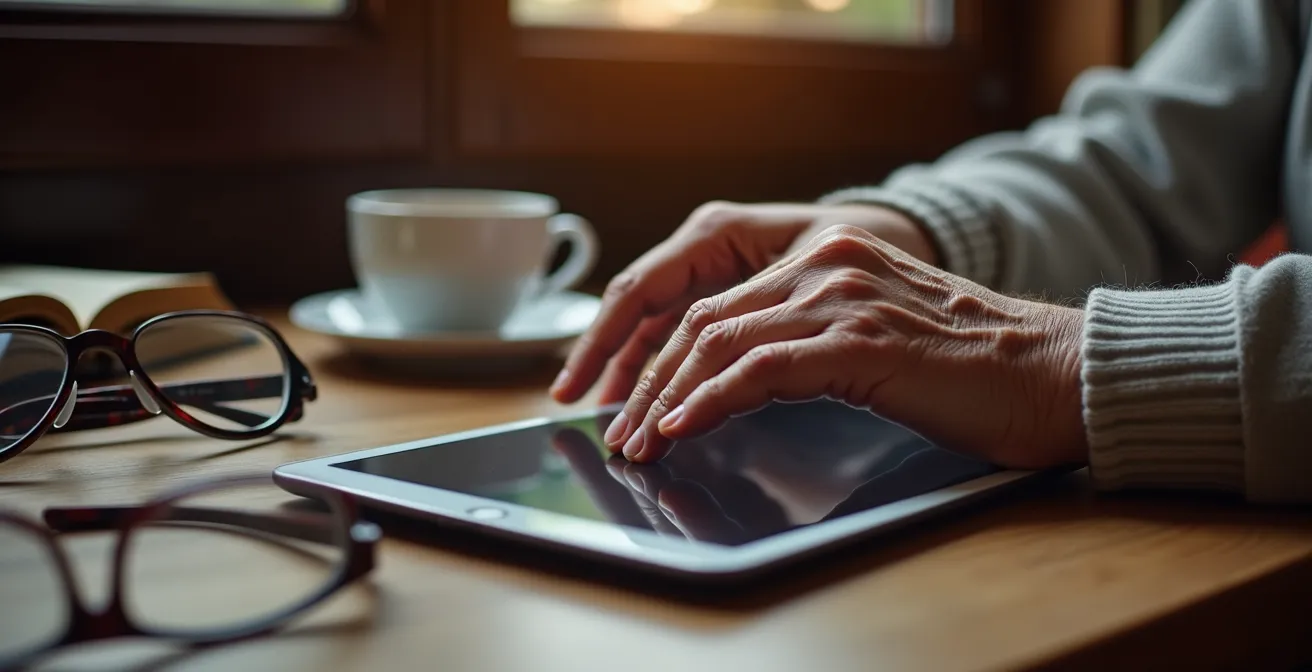 Senior utilisant une tablette simplifiée pour rester connecté à domicile