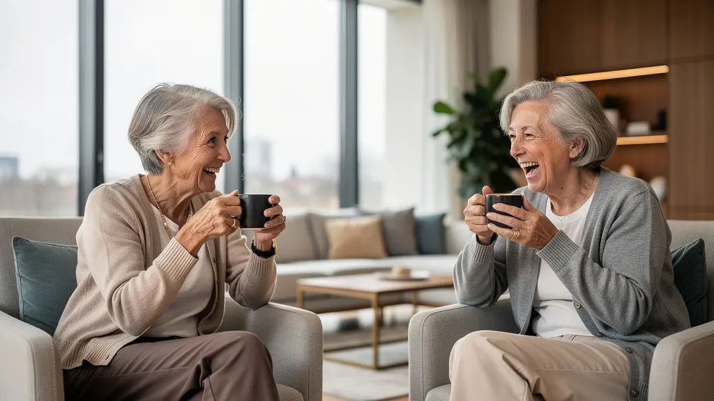 Résidentes seniors discutant autour d'un café dans le salon d'une résidence du Maine-et-Loire
