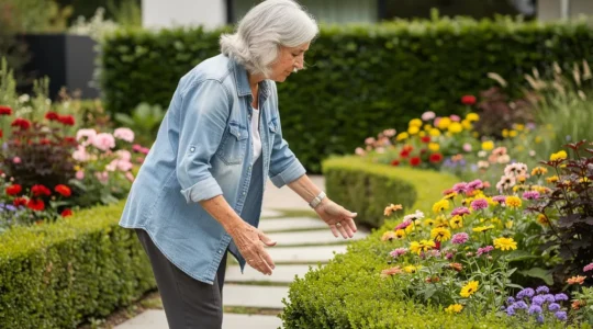 Femme senior se promenant dans un jardin fleuri de résidence services en Maine-et-Loire