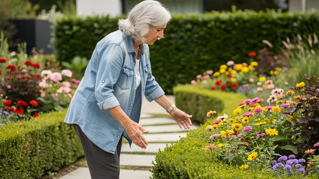 Femme senior se promenant dans un jardin fleuri de résidence services en Maine-et-Loire