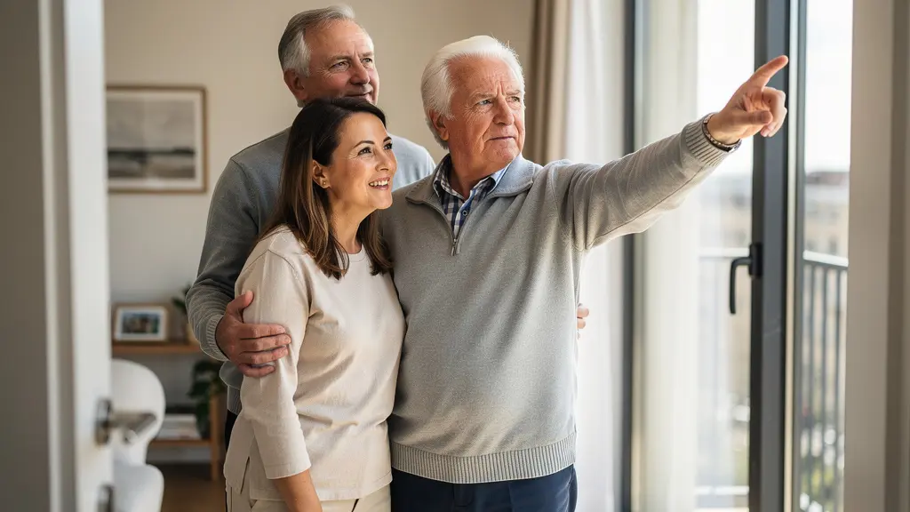 Famille visitant un appartement lumineux en résidence seniors dans le Maine-et-Loire