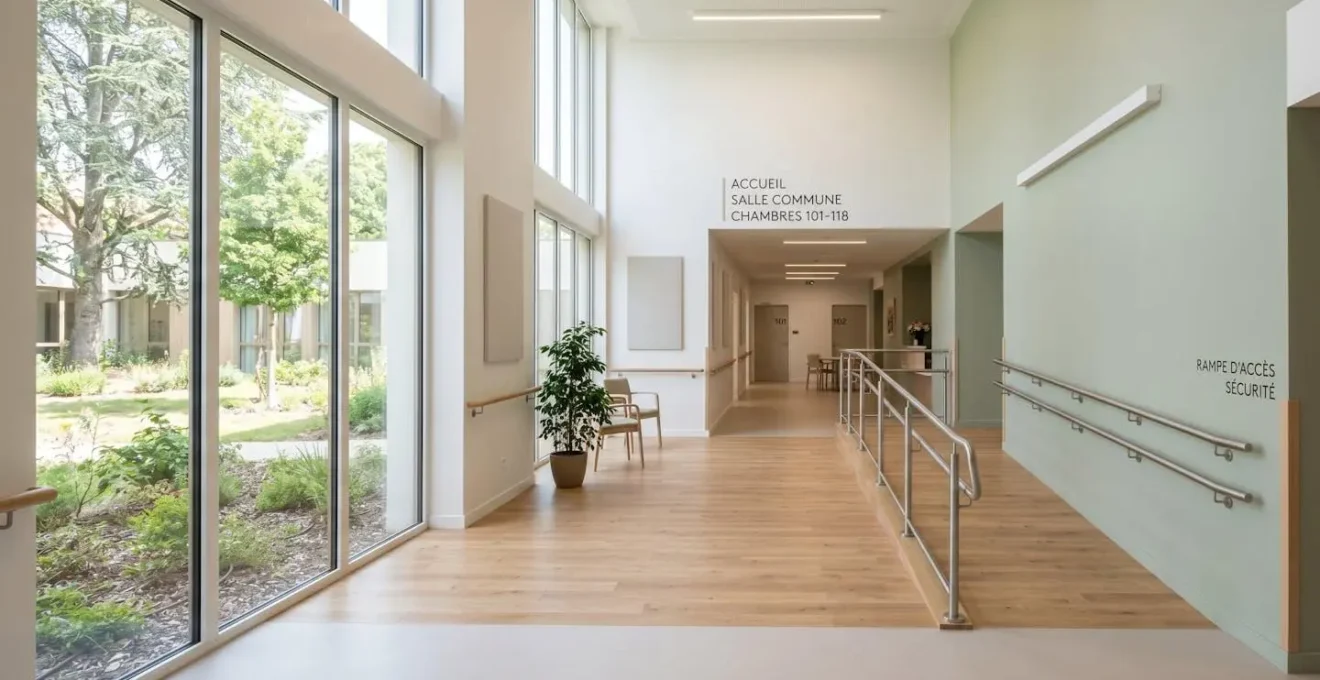 Couloir lumineux d'un EHPAD contemporain avec rampe d'accessibilité et lumière naturelle abondante