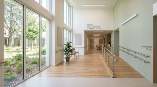 Couloir lumineux d'un EHPAD contemporain avec rampe d'accessibilité et lumière naturelle abondante