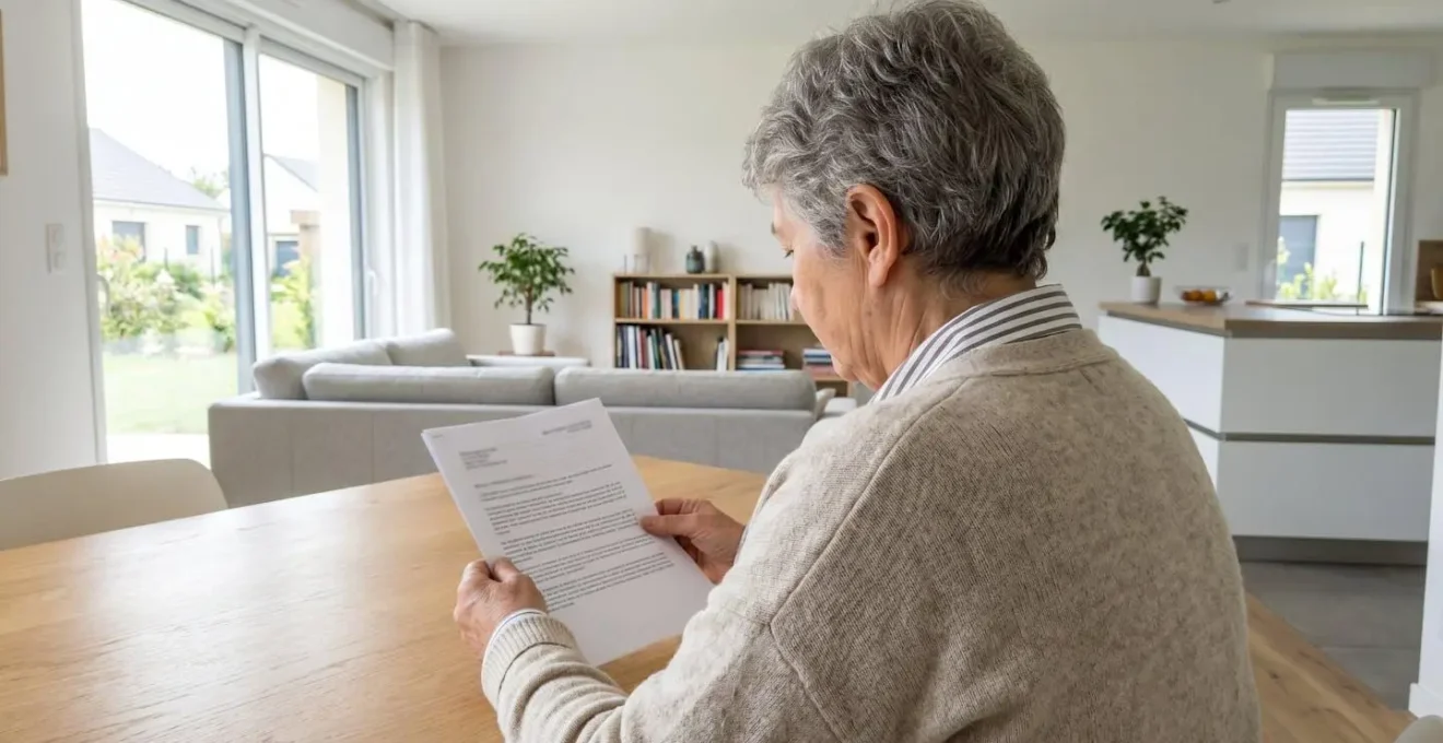 Senior vu de profil consultant un document dans un environnement domestique lumineux