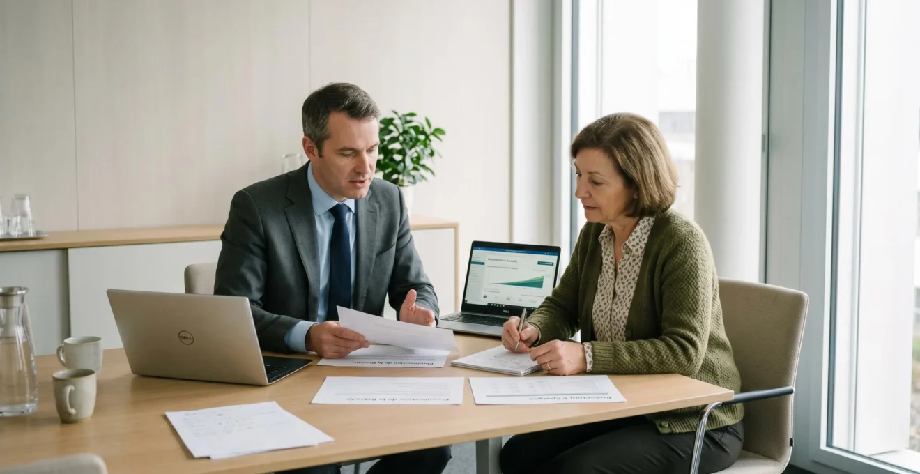 Consultation professionnelle entre un conseiller retraite et un futur retraité dans un cabinet épuré avec documents et ordinateur