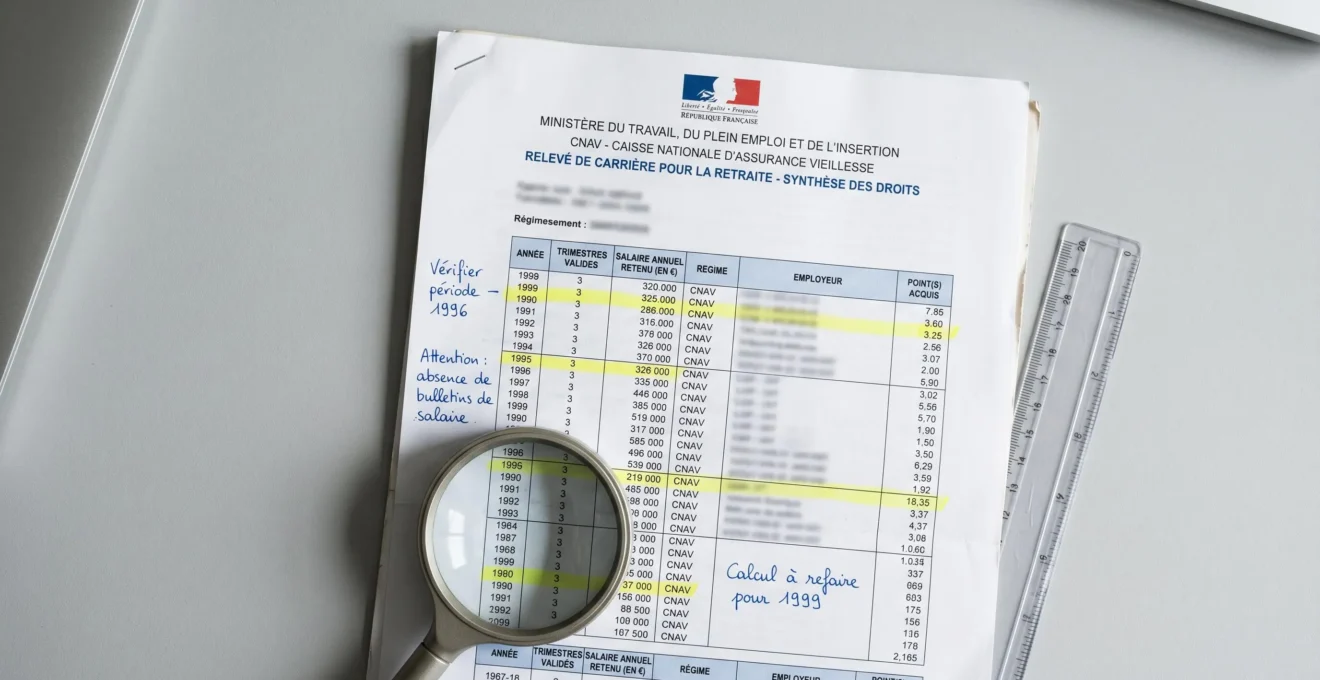 Gros plan sur un relevé de carrière français avec annotations manuscrites et loupe de lecture pour vérification détaillée