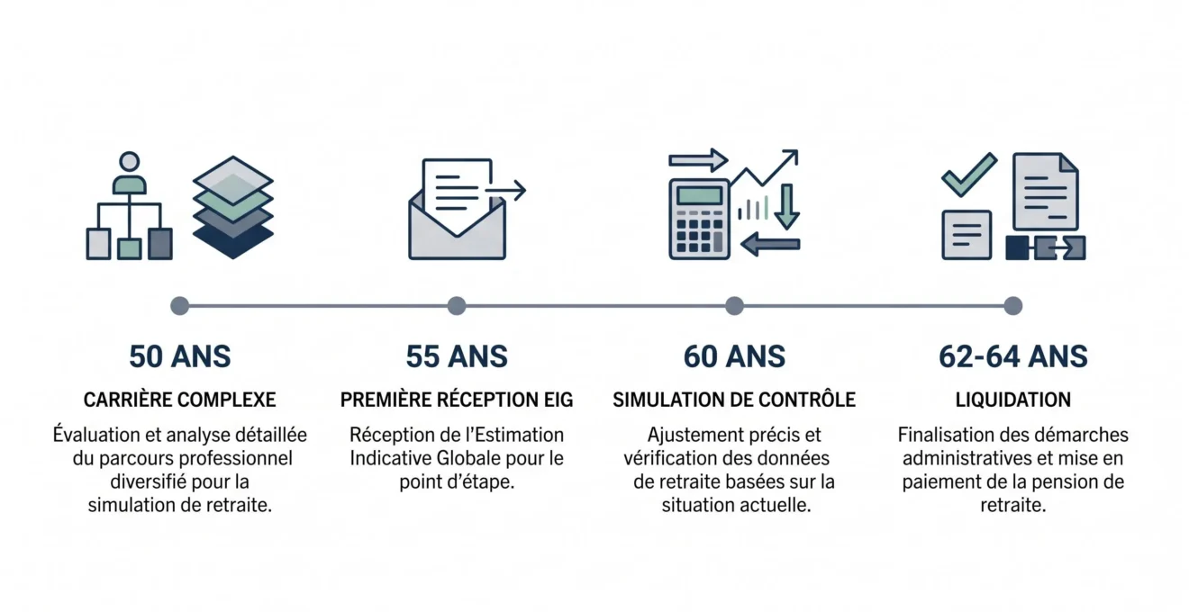 Ligne temporelle horizontale montrant les 4 âges clés pour réaliser une simulation retraite : 50, 55, 60 et 62-64 ans