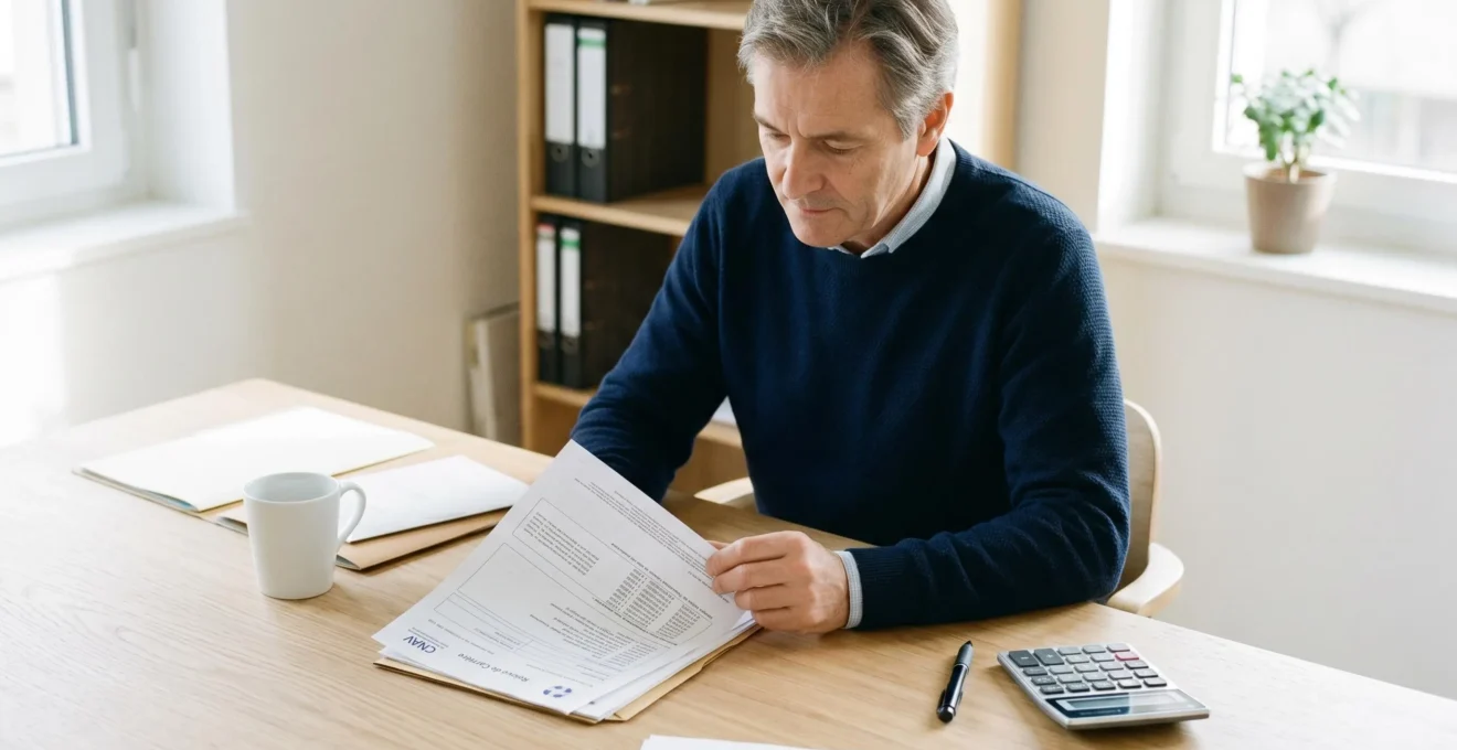 Personne mature consultant son relevé de carrière et des documents de retraite sur un bureau lumineux avec calculatrice