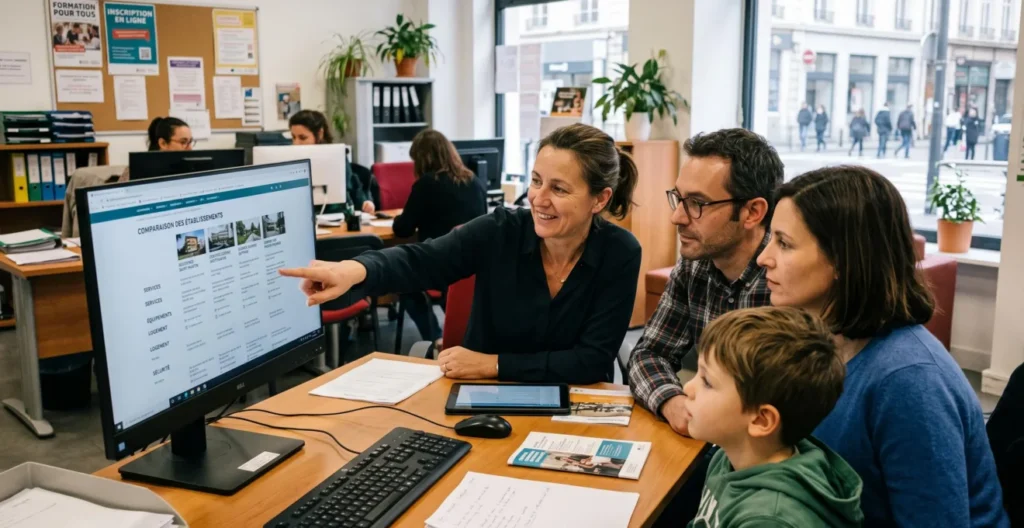 Scène de conseiller accompagnant une famille dans une comparaison d'établissements (écran générique en français) Scène de conseiller accompagnant une famille dans une comparaison d'établissements (écran générique en français)